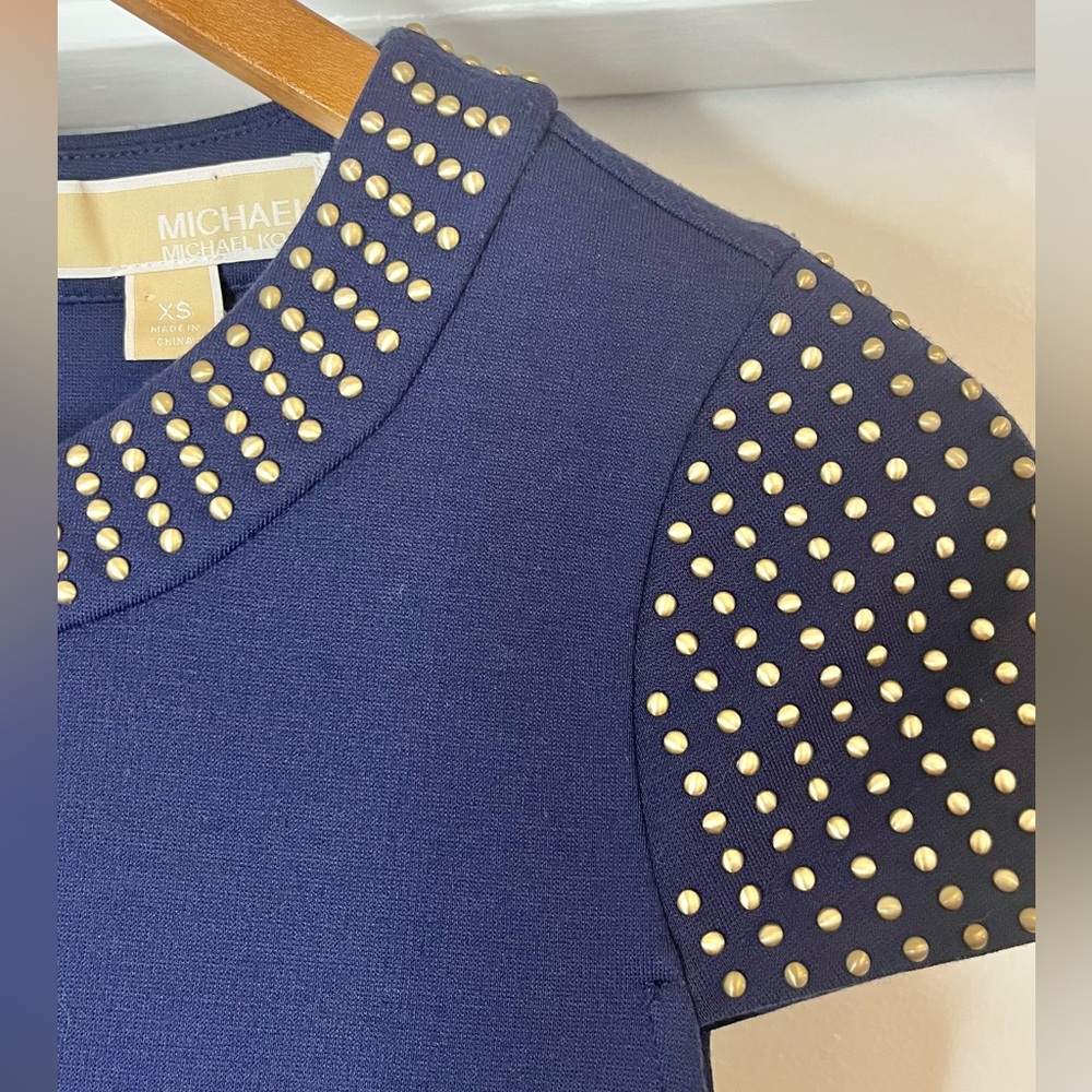 MICHAEL Michael Kors Studded Midi Sheath Dress Stretch Navy Blue Size XS - Picture 3 of 9